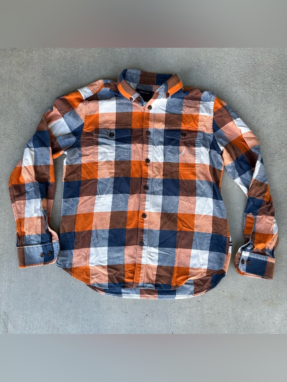 Nautica Orange Navy White Plaid Button-Down Loop Collar Shirt Size Medium